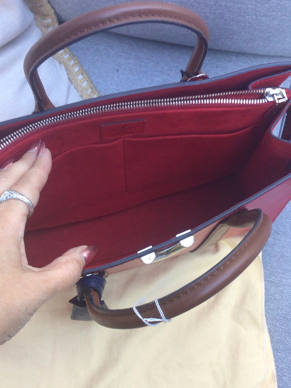 Louis Vuitton Red and Brown Leather Satchel with Navy Tag - Picture 5 of 7